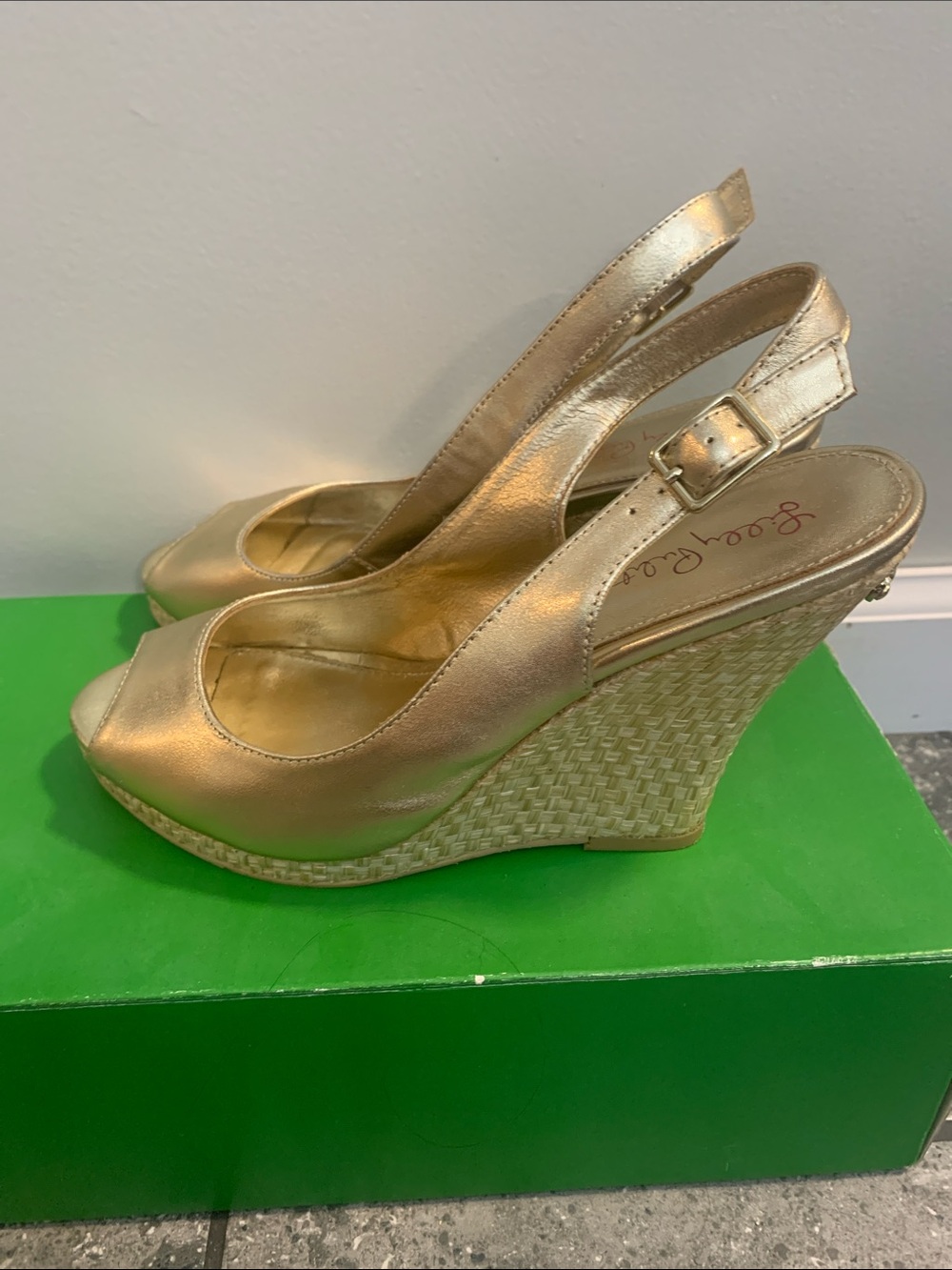 Lilly Pulitzer Metallic Gold Wedge Peep-Toe Slingbacks - Picture 3 of 5